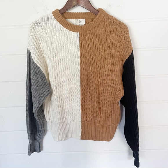 A New Day Crop Tan Cream Grey Black Color Block Pullover Women’s Sweater Small - Picture 1 of 7